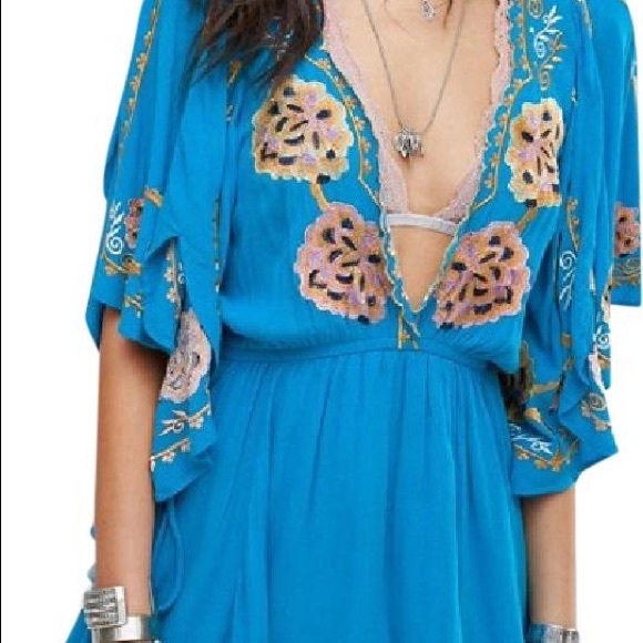 NWOT Free People Turquoise Cora Mini Dress - Picture 3 of 11
